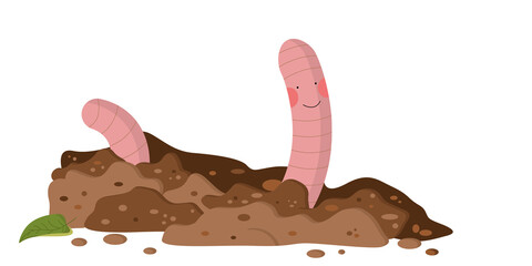 A cute worm with pink cheeks in the ground, there is a leaf next to it. concept of recycled compost. organic farming.