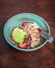 Fresh fry meat with vegetables and green avocado