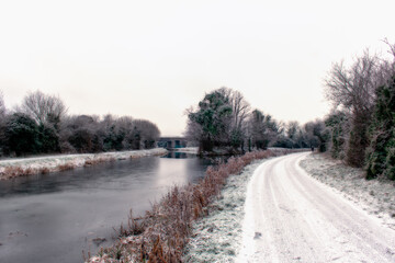 Snow Covered Frozen Canal, Irish Countryside