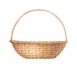 Empty willow basket. Watercolor illustration isolated on white.