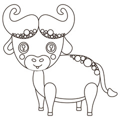 Cute black and white childish illustration of cartoon African buffalo. For printing in coloring book or page. Vector.