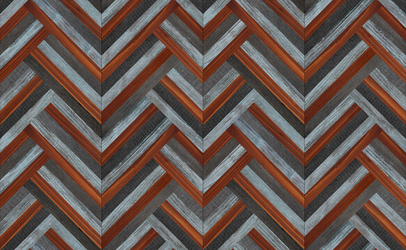Seamless vintage parquet floor texture with chevron pattern made of narrow planks. Old dark wooden background. 