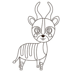 The little black and white cartoon bongo antelope. Isolated horned African contour animal for printing on children's production, coloring book. Vector.