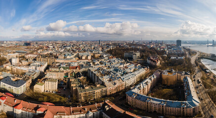 Obraz premium Panorama of Riga, Latvia from drone. City centre before sunset, daytime view. Classical architecture of Europe