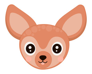 Cartoon face of cute African fennec fox with cheeks, protruding tongue on a white background. A head of the tropical animal for printing on children's production, sticker, logotype, emoji. Vector.