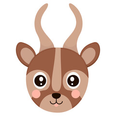 Little face of cartoon bongo antelope with ruddy cheeks on a white background. Isolated head of horned African animal for icon, logo, sticker, DIY project. Vector.