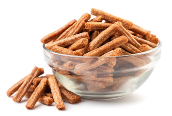 Rye croutons in a plate on a white background. Isolated