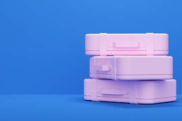 Blue studio background with pink travel suitcase. 3d rendering
