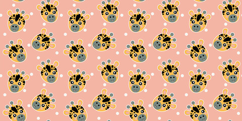 Cute cartoon seamless pattern of a baby giraffe muzzles with ruddy pink cheeks, protruding tongues, white circles on a pink background. The faces of African animals for nursery decor, apparel. Vector.
