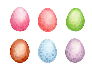 Set of colored Easter eggs - pink, red, green, orange, blue, lilac. Watercolor illustration isolated on white.
