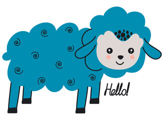 Cute cartoon toddler illustration of standing blue lamb and calligraphic hand lettering 