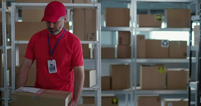 Caucasian male adults in red professiona uniform cooperating in warehouse sorting different carton boxes for delivery and transportation. Collaboration concept.