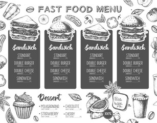 Restaurant sandwich menu design. Decorative sketch of sandwiches. Fast food menu