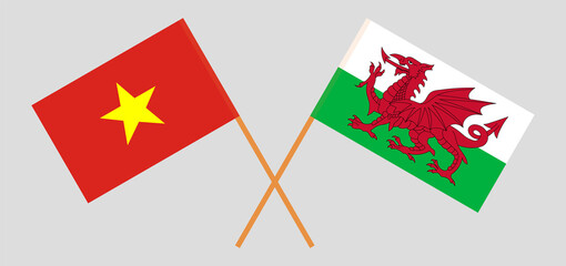 Crossed flags of Vietnam and Wales. Official colors. Correct proportion