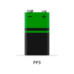 Alkaline battery PP3 isolated on white background. Rechargeable battery 9V energy storage cells flat modern style. Vector illustration