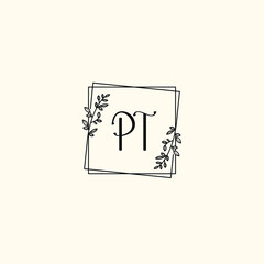 PT initial letters Wedding monogram logos, hand drawn modern minimalistic and frame floral templates