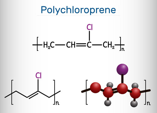 Neoprene, polychloroprene molecule. It is polymer, synthetic rubber obtained by polymerization of chloroprene. Structural chemical formula and molecule model