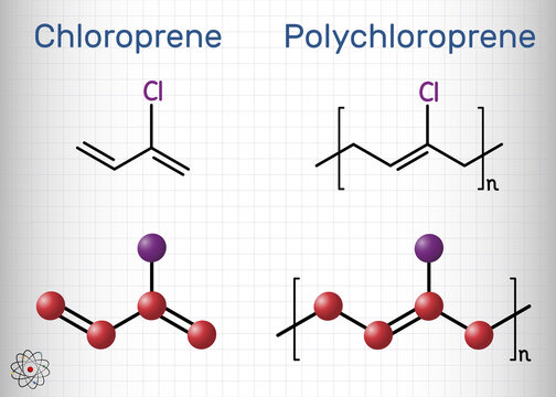 Chloroprene and polychloroprene molecule. Monomer and polymer. Neoprene, synthetic rubber obtained by polymerization of chloroprene. Structural chemical formula, molecule model