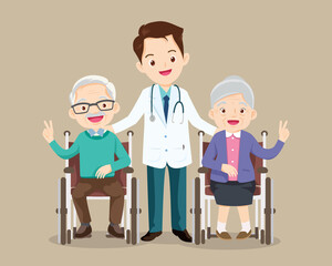 doctor and elderly sitting on wheelchair victory hand