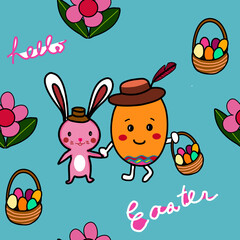 easter bunny with easter egg.happy smiling egg holding hand with rabbit and baskets of colorful eggs hand drawn cartoon seamless pattern vector 