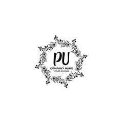 PU initial letters Wedding monogram logos, hand drawn modern minimalistic and frame floral templates