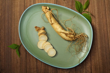 ginseng and slices ,medicine background.