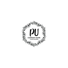 PU initial letters Wedding monogram logos, hand drawn modern minimalistic and frame floral templates