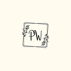 PW initial letters Wedding monogram logos, hand drawn modern minimalistic and frame floral templates