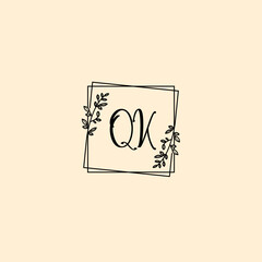 QK initial letters Wedding monogram logos, hand drawn modern minimalistic and frame floral templates