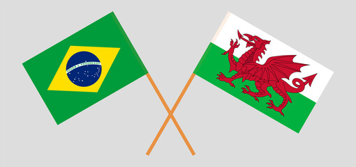 Crossed flags of Brazil and Wales. Official colors. Correct proportion
