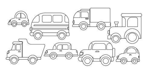 Cars. A large set of different cars in red and blue. Vector drawing machines isolated on white background. Cute cars, truck, beetle, tractor, bus, sedan in cartoon style