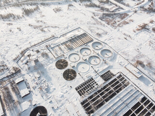 Water treatment facilities. Sewer system. Industrial winter landscape 