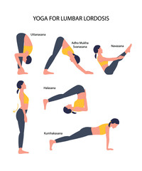 Set of yoga asanas for lumbar lordosis. Vector illustration