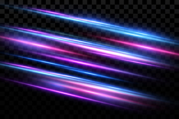 Motion light effect for banners. Blue lines. The effect of speed on a blue background. Red lines of light, speed and movement. Vector lens flare. - obrazy, fototapety, plakaty