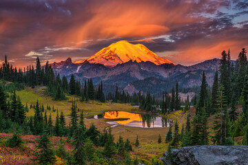 USA, Washington State, Mt. Rainier National Park at sunrise.