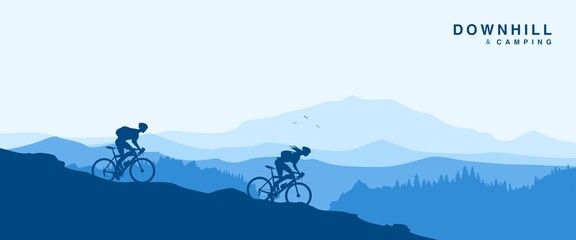 Cyclist couple descending down the mountain. Landscape camper silhouettes vector illustration
