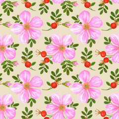 Rosehip seamless pattern on beige background
