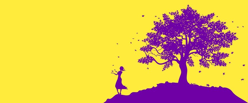 Old big tree and girl on the hill in autumn.