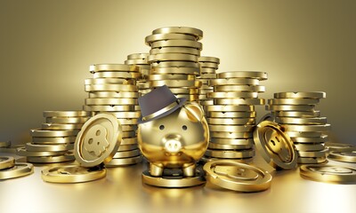 Mafia gplden piggy-bank with coins 3D Render.