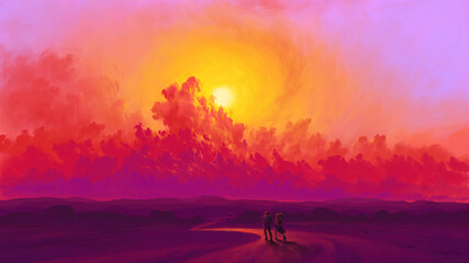 Obraz na płótnie Canvas sun clouds scenery couple digital art 4k
