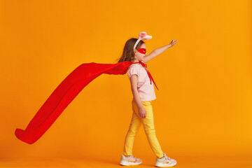 fun little girl is playing in superhero costume. baby is dressed in rabbit ears, red cape, mask, holding out her hand on yellow background. concept girl's superpowers, feminism, striving for victory