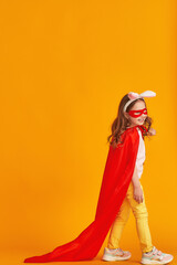 fun little girl is playing in superhero costume. baby is dressed in rabbit ears, red cape, mask, holding out her hand on yellow background. concept girl's superpowers, feminism, striving for victory
