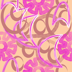 Seamless pattern of pink and brown abstract elements with texture on a yellow background for textile.