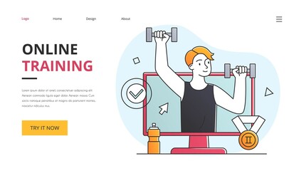 Concept of online training with man lifting weights in a gym