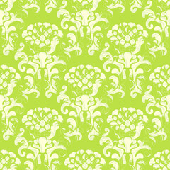 Damask seamless vector pattern. Classic vintage damask ornament, royal victorian geometric seamless pattern for wallpaper, textile, packaging. Floral baroque pattern, green background
