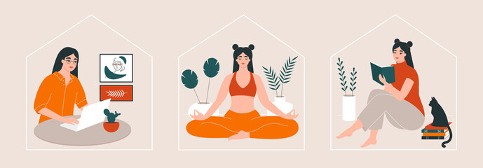 Home routine, everyday life, daily tasks and activities of a woman. Young woman reading books, meditating, working. Self development, personal growth concept. Set of isolated vector illustrations