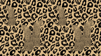 Vector seamless pattern with leopards in vintage style.