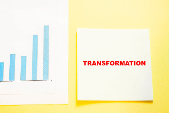 TRANSFORM word on square office note paper and financial chart