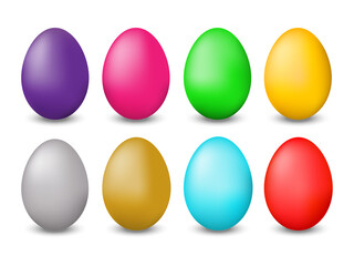 Easter colorful eggs big set.Real 3D eggs with differet colors.Happy Easter concept.For greeting cards,banner,posters.Vector eggs isolated on white background.