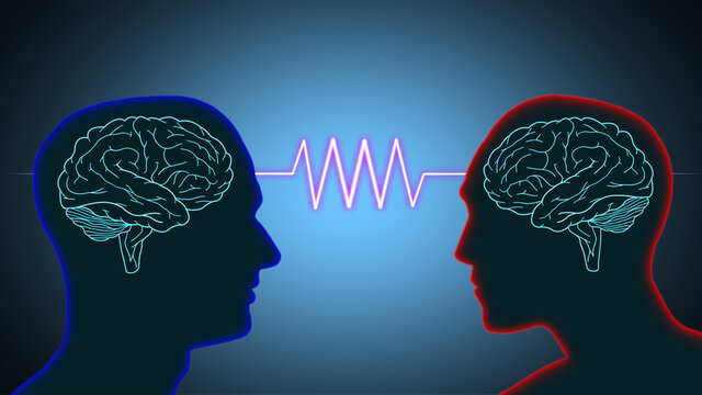 illustration two human brain symbol in silhouette black head face to face and neon light effect pulse line on dark blue background communication concept
